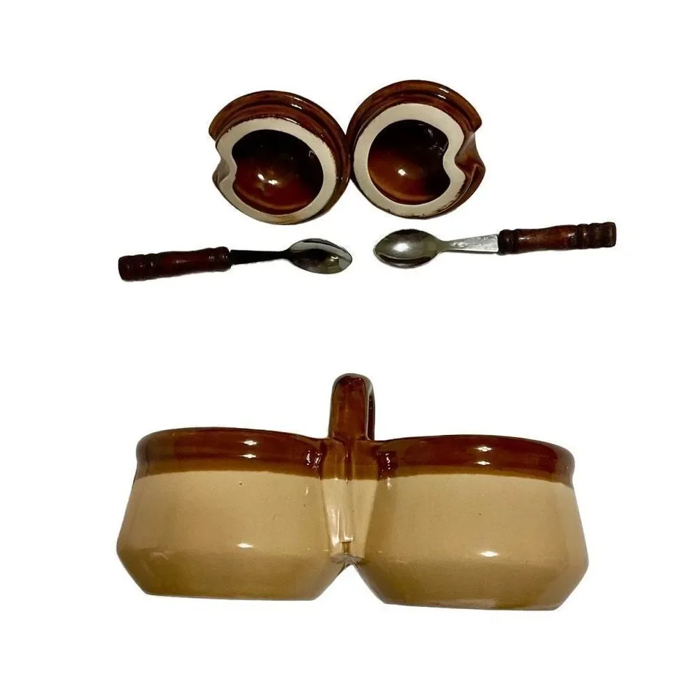 Vintage Double Condiment Jars with Lids and Spoons